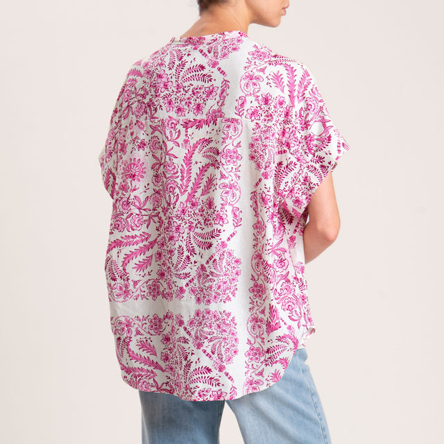 Camisa de lino en mezcla de flores con estampado Tension in - Leche/Fucsia