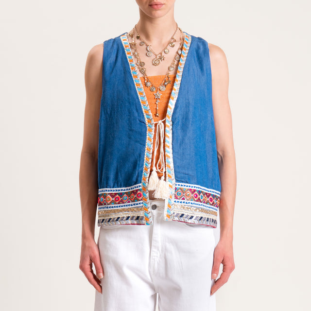 Tensione in-Gilet lyocell chambray fibra naturale con passamaneria - denim