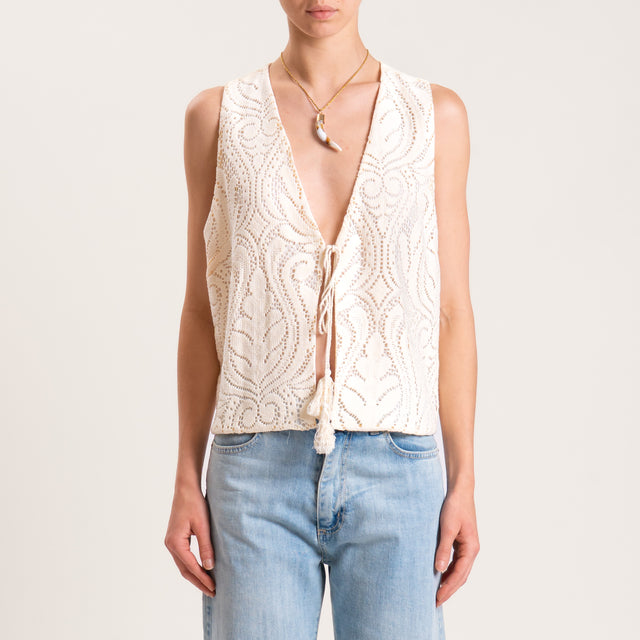 Tensione in-Gilet ricamato con nappine - latte