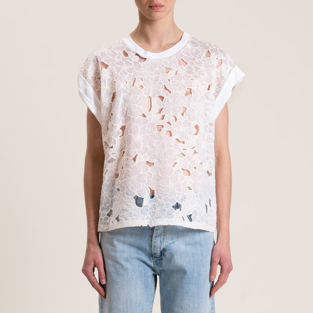 Tensione in-T-shirt doppio tessuto con ricami - latte