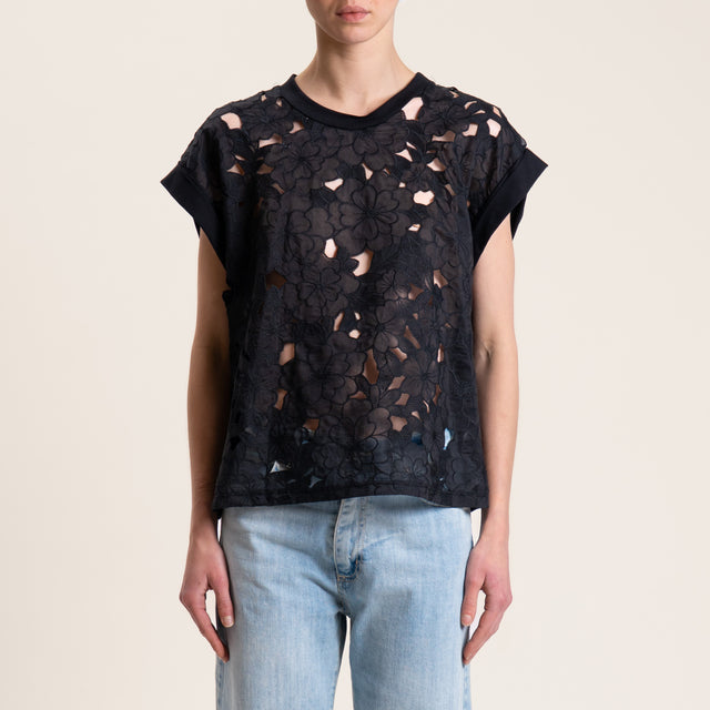 Tensione in-T-shirt doppio tessuto con ricami - nero