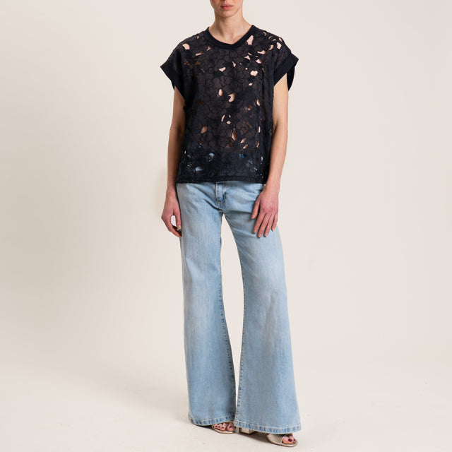 Tensione in-T-shirt doppio tessuto con ricami - nero