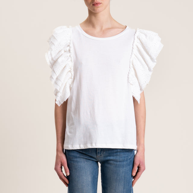 Tensione in-T-shirt doppio tessuto maniche rouches - bianco