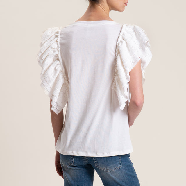 Tensione in-T-shirt doppio tessuto maniche rouches - bianco