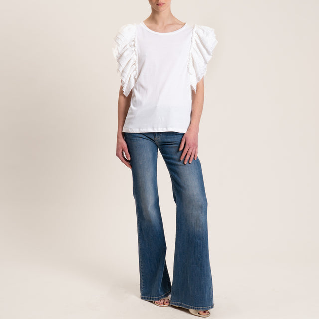 Tensione in-T-shirt doppio tessuto maniche rouches - bianco