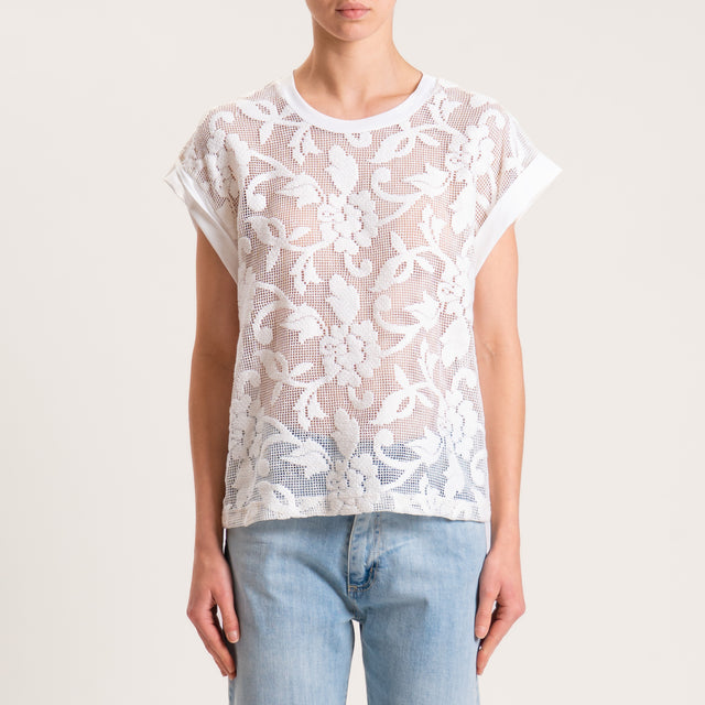 Tensione in-T-shirt doppio tessuto con ricami - panna