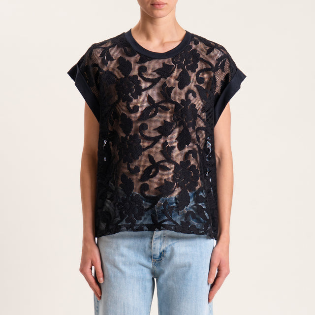 Tensione in-T-shirt doppio tessuto con ricami - nero