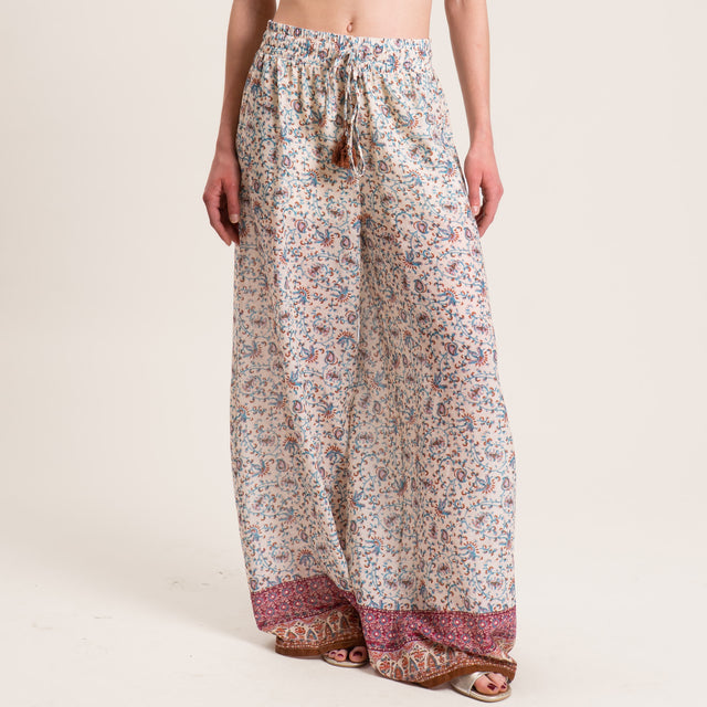 Tensione in-Pantalone mussola fantasia con coulisse - burro/acqua/cuoio