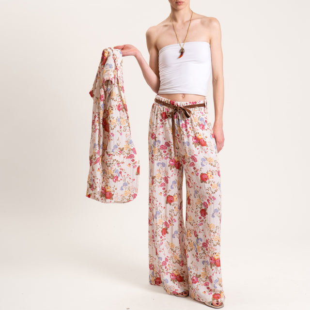 Tensione in-Pantalone fantasia floreale elastico in vita - latte/cherry/peach