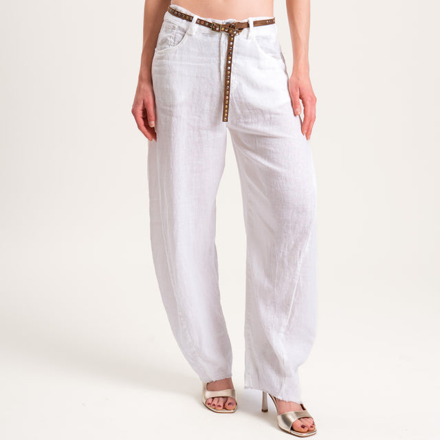 Tensione in-Pantalone barrel 100% LINO con cintura - bianco