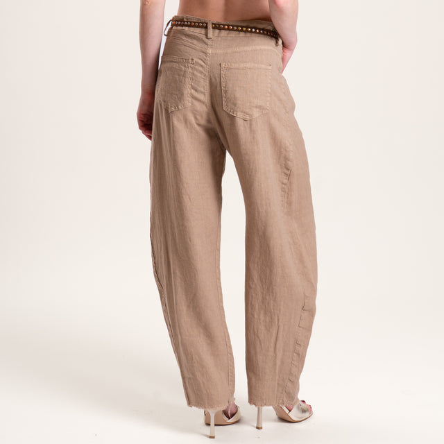 Tensione in-Pantalone barrel 100% LINO con cintura - camel