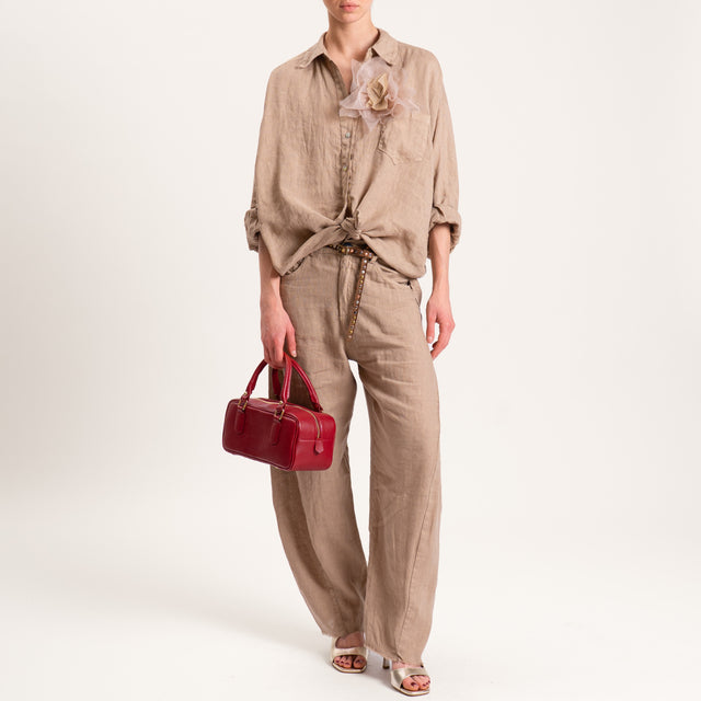 Tensione in-Pantalone barrel 100% LINO con cintura - camel