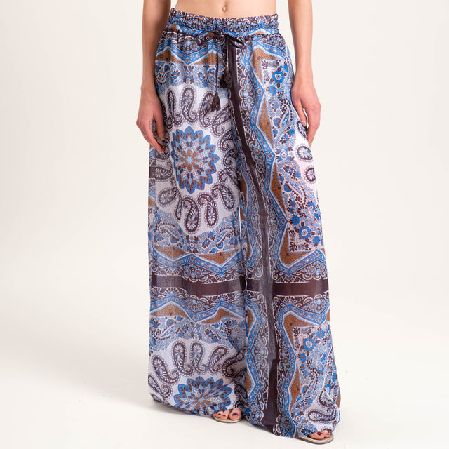 Tensione in-Pantalone fantasia in mussola con coulisse - azzurro/latte/moro