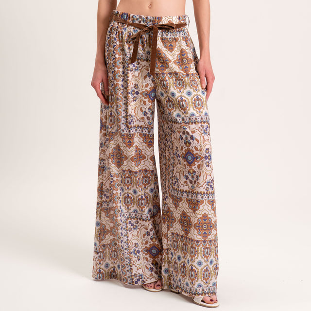 Tensione in-Pantalone mussola fantasia con cintura - sand/cuoio/acqua