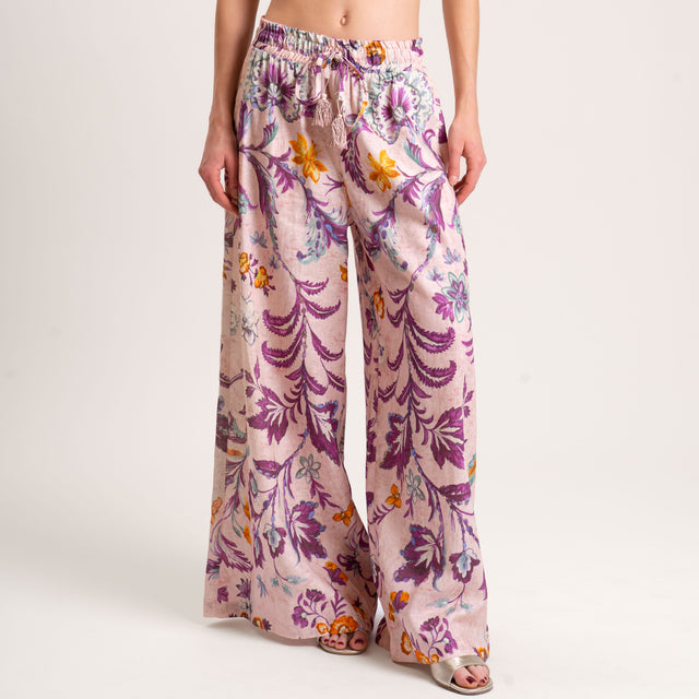 Pantalón elástico de lino mixto con estampado en color rosa, morado y aguamarina