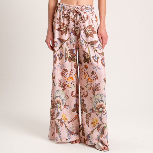 Pantalón elástico de lino mixto con estampado en color rosa/marrón oscuro/verde