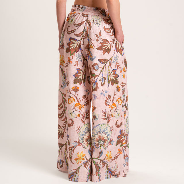 Pantalón elástico de lino mixto con estampado en color rosa/marrón oscuro/verde