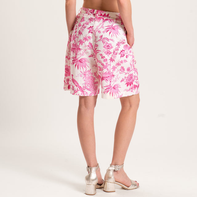 Tensione in-Shorts misto lino fantasia con cintura - burro/fucsia