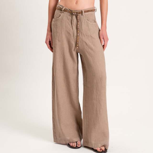 Tensione in-Pantalone wide leg 100% LINO - camel