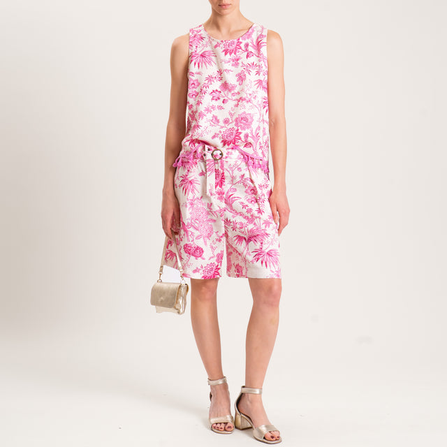 Tensione in-Top misto lino fantasia con nappine - burro/fucsia