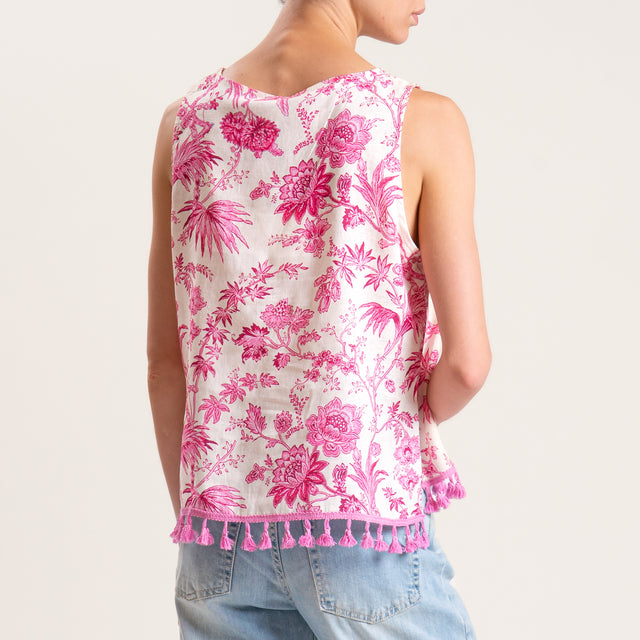 Tensione in-Top misto lino fantasia con nappine - burro/fucsia