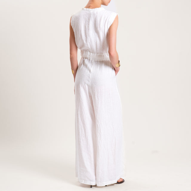Tensione in-Tuta lino smanicata con coulisse - bianco