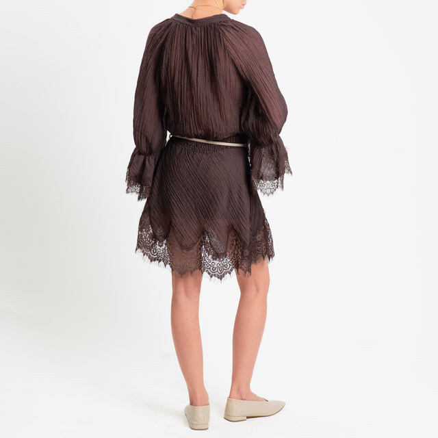 Tensione in-Abito mussola goffrato elastico in vita con pizzo - moro