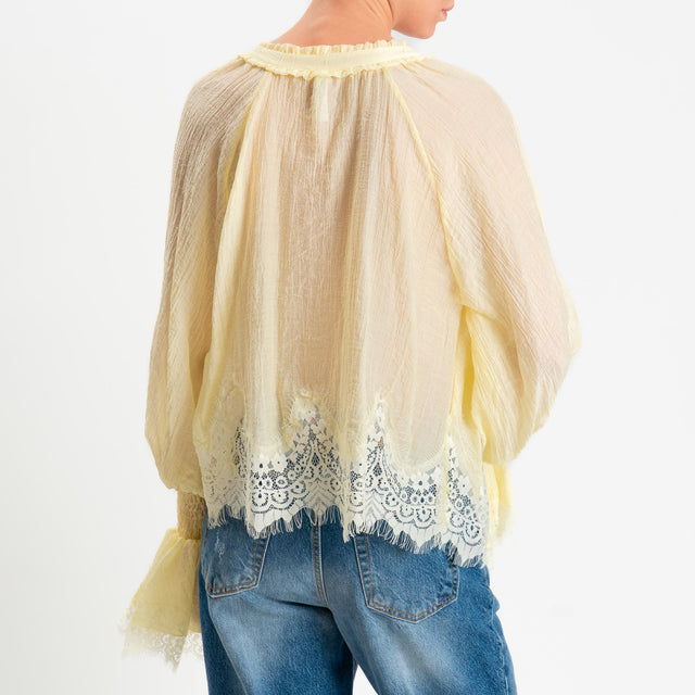 Tensione in-Blusa scollo v tessuto goffrato con pizzo - yellow