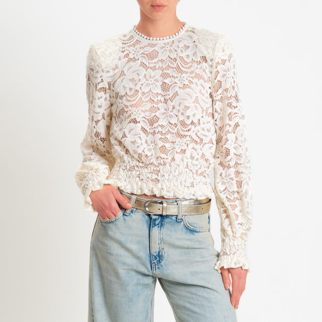 Tensione in-Blusa pizzo macramè con spalline - burro