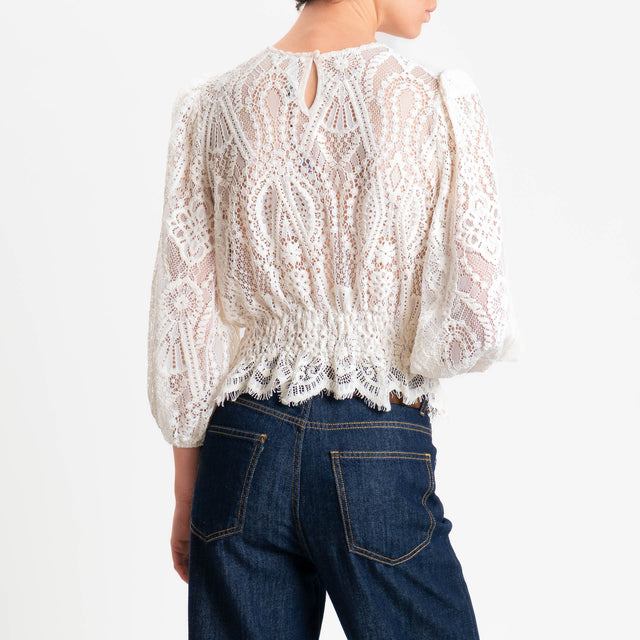 Tensione in-Blusa in pizzo elastico in vita - burro