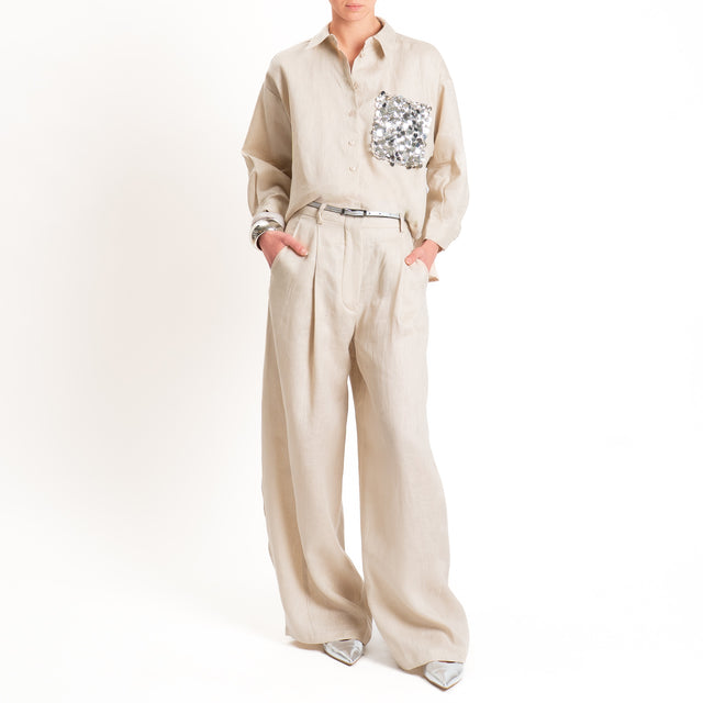 Tensione in-Camicia 100% lino tasca paillettes - sabbia