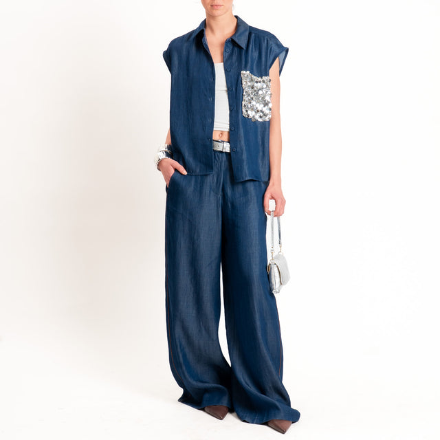 Tensione in-Camicia smanicata chambray tasca paillettes - denim blu