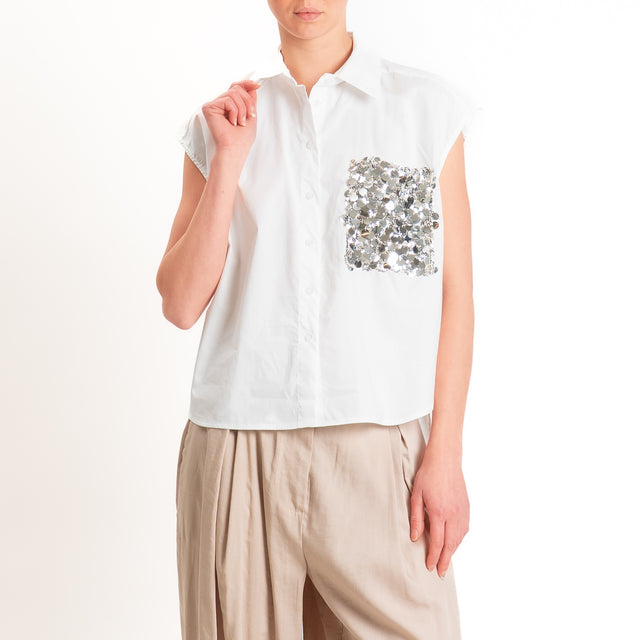 Tensione in-Camicia smanicata tasca paillettes - bianco
