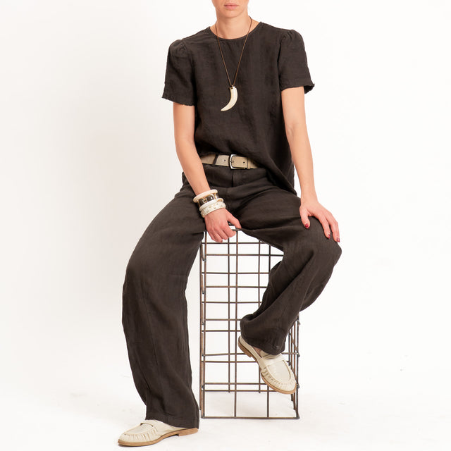 Tensione in-Blusa 100% lino asimmetrica taglio vivo - cocco