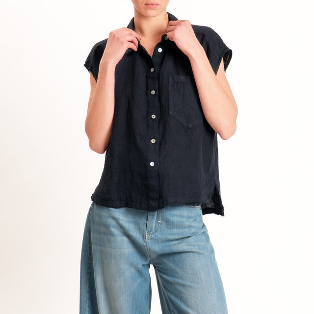 Tensione in-Camicia smanicata 100% lino - blu