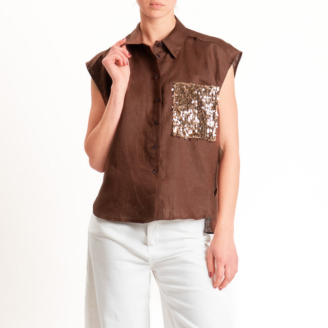 Tensione in-Camicia 100% lino smanicata tasca pailettes - choco/bronzo