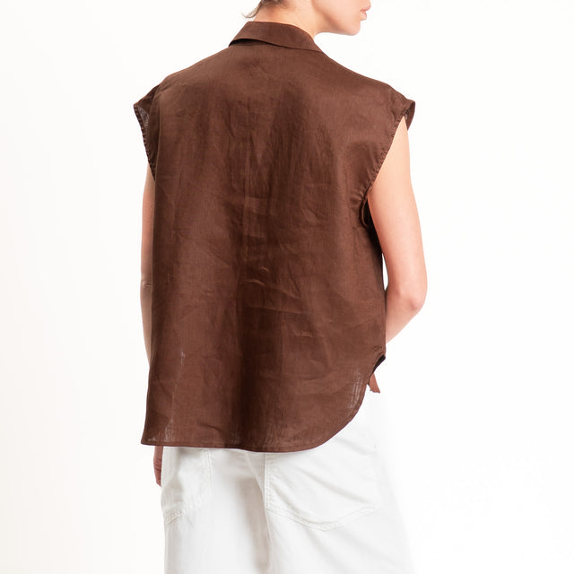 Tensione in-Camicia 100% lino smanicata tasca pailettes - choco/bronzo