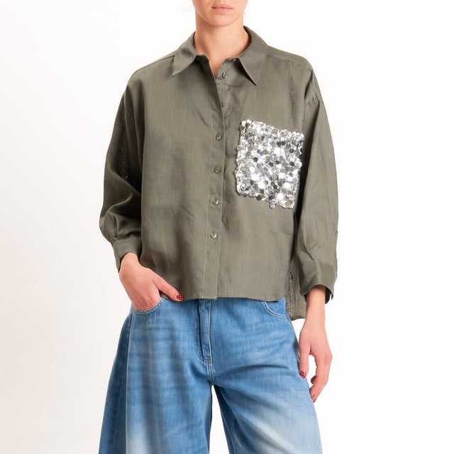 Tensione in-Camicia 100% lino tasca paillettes - militare