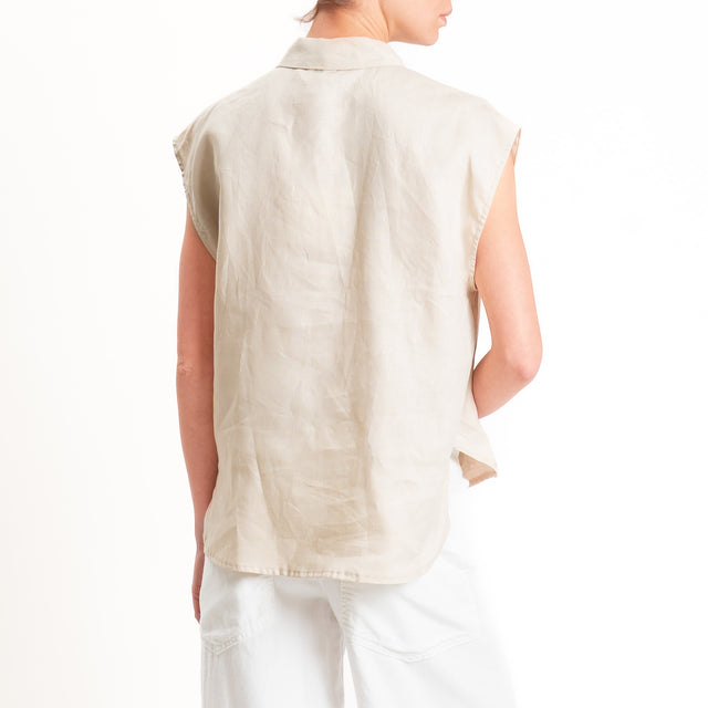 Tensione in-Camicia 100% lino smanicata tasca pailettes - sabbia/oro