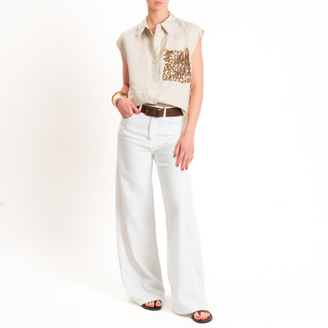 Tensione in-Camicia 100% lino smanicata tasca pailettes - sabbia/oro