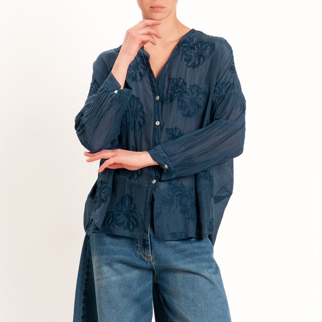 Tensione in-Camicia mussola con ricami - Blu