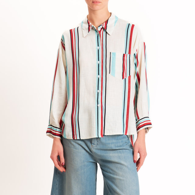 Tensione in-Camicia a righe misto lino - burro/nero/rosso