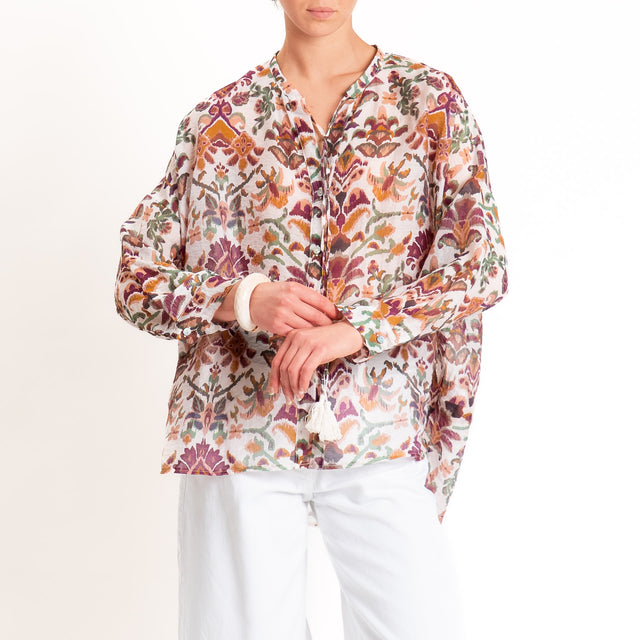 Tensione in-Camicia mussola fantasia con nappine - bouganville/burro/verde