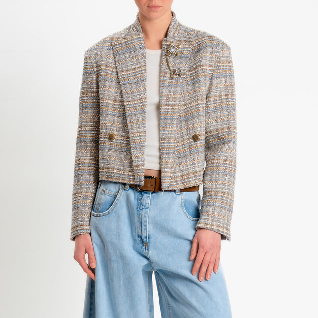 Tensione in-Giacca bouclè filo lurex con spille - latte/cuio/cielo