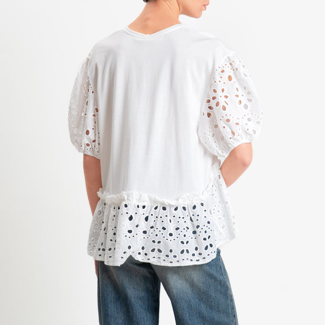Tensione in-T-shirt doppio tessuto traforata con ricami - bianco
