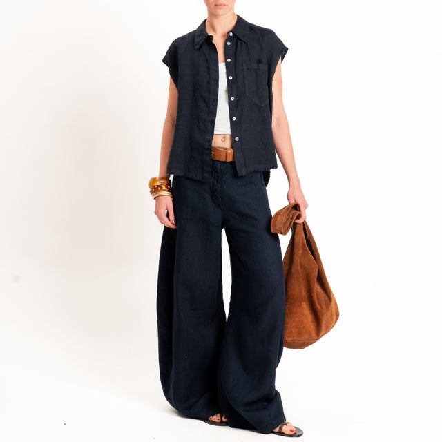 Tensione in-Pantalone LOUVRE barrel fit 100% lino - blu