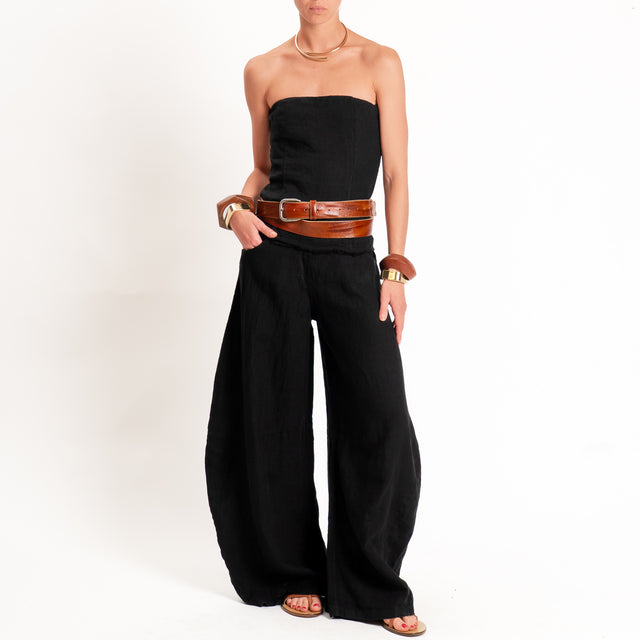 Tensione in-Pantalone LOUVRE barrel fit 100% lino - nero