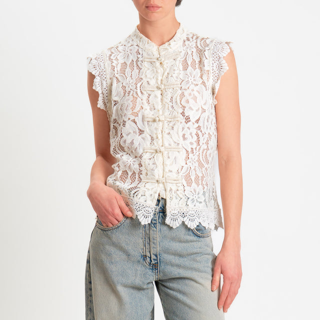 Tensione in-Camicia mandarin smanicata pizzo macramè - burro