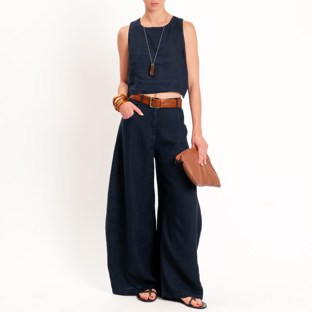 Tensione in-Top 100% LINO bottone dietro - Blu