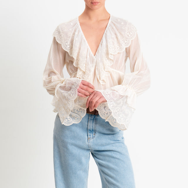 Tensione in-Blusa in tulle elasticizzato scollo v - burro